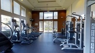 This single-floor fitness center is thoughtfully designed to support a full range of workout routines. The space features soaring ceilings with a coffered tray detail and recessed lighting, creating an open, airy atmosphere. A bold, warm-toned accent wall adds visual contrast against the neutral cream walls, contributing to an energizing environment.

Natural light flows generously into the room through a set of large glass doors flanked by tall windows fitted with horizontal blinds, offering both brightness and privacy control. The doors open to an outdoor area, providing a sense of connection to the exterior.

The cardio zone lines the left side of the room and includes multiple treadmills and elliptical machines, complemented by a wall-mounted television for entertainment during workouts. On the right side, a multi-station cable machine, a weight bench, and a dumbbell rack offer a comprehensive strength training setup. The flooring throughout is a durable dark rubber material, practical for heavy equipment and high-traffic use. Overall, the space is clean, well-organized, and conducive to an effective fitness experience.