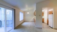 This single-floor space features an open-concept layout that seamlessly connects the living, dining, and kitchen areas. The dining area is highlighted by a classic pendant light fixture suspended from the ceiling, adding a focal point to the space. Neutral-toned carpet covers the living and dining areas, contributing to a warm and understated aesthetic throughout.

Natural light filters in through a large window dressed with vertical blinds, brightening the main living area. A sliding glass door on the adjacent wall offers additional light and potential access to an outdoor area. The walls are finished in a clean, neutral tone that enhances the sense of openness.

The kitchen is partially separated by a half-wall partition, creating a defined yet connected cooking space. It features warm wood-toned cabinetry providing ample storage, along with a countertop that extends along the perimeter. The kitchen floor transitions to a hard surface material, offering a practical contrast to the carpeted living spaces. Overall, the layout is functional and straightforward, suited for everyday living.