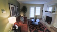This single-floor residence offers a thoughtfully arranged living area that balances comfort and functionality. The main living space is anchored by rich hardwood-style flooring, which contrasts beautifully with the dual-tone wall treatment — a deep sage green accent wall paired with warm neutral tones throughout. The room is bathed in natural light streaming through a large window and a glass-paneled door, which also provides convenient access to the outdoors. A textured ceiling adds subtle architectural character to the space. Built-in shelving along one wall offers practical display and storage opportunities, enhancing the room's overall utility. The layout accommodates generous seating and a central conversation area, making it well-suited for everyday living and casual entertaining. A tall decorative plant near the entryway adds a refreshing natural element, complementing the earthy color palette. The overall ambiance is warm and inviting, with a cohesive design that draws together rich textures, natural light, and practical living features into a comfortable, single-level home environment.