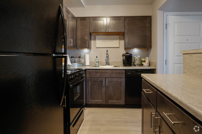 Grey cabinets and black appliances - Gateway at The Greene