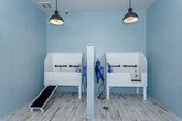 This single-room pet grooming and washing facility is thoughtfully designed with both function and comfort in mind. The space is defined by its soft powder-blue tile walls, which extend floor to ceiling in the wet zone, creating a clean, hygienic environment that is easy to maintain. Light wood-look plank flooring spans the open area, offering a warm contrast to the cool-toned walls and lending a welcoming feel to the space.

At the heart of the room is a built-in white dog wash station, complete with a gentle access ramp to assist pets of all sizes. A professional-grade blue pet dryer is wall-mounted directly beside the tub for convenient post-bath use, along with additional grooming accessories within easy reach. Industrial-style pendant lights hang from the ceiling, providing focused, warm illumination throughout the space.

A large window fitted with white blinds and a glass-panel exterior door allow generous natural light to fill the room while offering views of the surrounding outdoor area. A thermostat and a wall-mounted fire extinguisher cabinet reflect the practical safety considerations built into the design. Whimsical pet-themed wall art adds a playful touch, reinforcing the space's dedicated purpose. Overall, the facility strikes a balance between professional utility and an inviting, cheerful atmosphere.