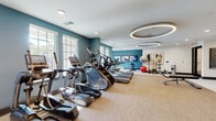 This fitness center offers a thoughtfully designed, single-level layout that accommodates a comprehensive range of workout options. The space is defined by its striking architectural details, most notably the large circular LED light fixtures suspended from the ceiling, which cast a warm, even glow throughout the room and serve as a bold visual focal point.

The walls are painted in a rich teal-blue tone, creating an energizing atmosphere complemented by crisp white trim and neutral-toned flooring. Multiple large windows line the perimeter, allowing generous natural light to filter in and providing views of the surrounding outdoor environment.

The cardio section is generously stocked with True-brand treadmills, elliptical machines, stair climbers, and rowing equipment, all arranged to maximize usability and flow. A dedicated functional training area features stability balls, resistance bands, and a rack of accessories. Spin bikes and a mirrored wall occupy a separate zone, supporting cycling and stretching routines. An additional area houses strength-focused equipment, including back extension benches and vertical knee raise stations, accented by decorative wall art.

Recessed lighting supplements the natural light, and curated artwork contributes to an upscale, inviting ambiance throughout the space.