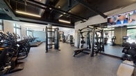 Located at 174 N Addison Ave in Elmhurst, Illinois, this single-floor fitness center is designed to support a comprehensive workout experience across clearly defined training zones. The space features an industrial-inspired aesthetic, with exposed black structural beams and ductwork contrasting against white walls and durable rubber flooring throughout.

The strength training area is generously proportioned, housing multiple cable machine systems, weight benches, and a row of free-weight and functional training equipment. Full-length mirrors line one wall, enhancing the sense of space and allowing users to monitor their form. Linear pendant lighting suspended from the exposed ceiling framework provides consistent, focused illumination across this zone.

A dedicated cardio section includes a row of treadmills positioned facing large floor-to-ceiling windows, allowing natural light to fill the room and offering views of the surrounding streetscape. A ceiling fan overhead contributes to ventilation and comfort during use.

A separate area accommodates stationary bikes and cycling equipment, also benefiting from tall windows and direct access to the outdoors. Near the entrance, Matrix-brand selectorized strength machines are positioned alongside a decorative wall mural, creating a welcoming transition into the facility. The overall ambiance is modern, functional, and well-maintained.