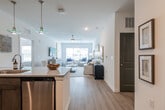 This well-appointed single-floor residence is designed with a clean, contemporary aesthetic defined by white walls, light wood-style flooring, and an abundance of natural light. The open-concept layout connects the kitchen and living area seamlessly, creating a spacious and inviting atmosphere. A ceiling fan overhead enhances comfort in the living room, which features large windows offering outdoor views and ample room for varied seating arrangements.

The kitchen is thoughtfully designed with dark espresso shaker cabinetry, granite-style countertops, a subway tile backsplash, and a full suite of stainless steel appliances including a refrigerator, range, and microwave. A peninsula with additional counter space adds functionality and serves as a natural transition to the living area.

Two bedrooms are carpeted for comfort, each with windows that bring in natural light and views of the surrounding greenery. The primary bathroom features a walk-in glass-enclosed shower and a granite-topped vanity with dark wood cabinetry. A second full bathroom includes a shower-tub combination and a similarly styled vanity. Together, the rooms convey a cohesive, modern residential design with practical, quality finishes throughout.