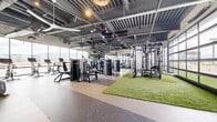 This expansive fitness facility spans a generous single-floor footprint, designed with an industrial-modern aesthetic that combines raw architectural elements with high-end fitness infrastructure. The exposed ceiling reveals structural beams, ductwork, and conduit finished in dark tones, complemented by pendant lighting and large ceiling fans that contribute to the space's open, airy atmosphere.

The facility is organized into distinct training zones. A dedicated turf area, surfaced with artificial grass, provides a functional training corridor ideal for sled work, agility drills, and dynamic exercises. Adjacent zones feature rubber flooring and house an extensive array of strength equipment, including cable machines, multi-functional rigs, plate-loaded machines, free weight stations with dumbbells and barbells, and a dedicated stretching and stability ball area.

The cardio section is lined with treadmills, stair climbers, and stationary bikes, all positioned near floor-to-ceiling windows that flood the space with natural light and offer open outdoor views. Full-length mirrors are mounted along multiple walls, enhancing spatial perception throughout. A glass-panel garage door on one wall opens directly to the outdoors, seamlessly connecting the interior training environment to an exterior area and maximizing ventilation and natural light.