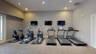 This fitness center is thoughtfully designed to support a wide range of workout routines across two distinct zones. The main exercise area features durable carpet tile flooring and is outfitted with multiple treadmills and elliptical trainers, each positioned in front of wall-mounted flat-screen TVs for an engaging cardio experience. Recessed lighting illuminates the space, while a ceiling fan promotes air circulation. A cable machine, adjustable weight bench, and a rack of dumbbells occupy a dedicated strength training corner, complemented by large mirrors that enhance the sense of space and allow for form checks during workouts. Glass-paneled French doors connect the cardio and strength zones, adding an open, cohesive feel to the layout. The adjoining studio room offers a striking contrast with its vibrant teal accent walls and smooth hardwood-style flooring, creating an inviting environment for yoga, stretching, or group fitness activities. Stability balls and medicine balls are neatly stored along the walls, and large windows flood the studio with natural light and outdoor views. A full-length mirror adds functionality to the space. Together, these two areas create a comprehensive, well-appointed fitness facility suited for a variety of exercise needs.