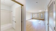Located at 161 S Huntington Ave in the Jamaica Plain neighborhood of Boston, MA, this thoughtfully designed unit offers a well-organized single-floor layout comprising a combined kitchen and living area along with a full bathroom. Light-toned hardwood flooring flows throughout the space, lending warmth and visual continuity, while large windows along one wall invite generous amounts of natural light and offer views of surrounding tree canopy.

The open-concept kitchen and living area serves as the heart of the unit. The kitchen is outfitted with crisp white shaker cabinetry extending to the ceiling, providing ample storage. Granite countertops with a subtle speckled pattern complement the stainless steel appliances, which include a range, microwave, dishwasher, and refrigerator. The living area is bright and open, with clean white walls and sun-dappled floors that create a calm, airy atmosphere.

The bathroom is finished in a clean, modern style featuring subway tile surrounding the bathtub and shower, a white vanity with an undermount sink, a large mirror with overhead lighting, and chrome fixtures throughout. Additional features visible in the unit include closet space and a utility panel, enhancing everyday functionality. The overall aesthetic is minimal, clean, and well-maintained.