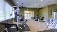 This single-floor fitness center offers a thoughtfully designed workout environment suited for a variety of exercise routines. The space is finished with neutral, low-pile carpet tiles that provide a comfortable and durable surface underfoot, while rubber matting beneath the strength equipment adds protection and stability.

The room is painted in a rich olive green, lending a focused and energizing ambiance. Recessed lighting throughout the ceiling ensures consistent illumination across the entire space, complemented by two ceiling fans that promote air circulation during workouts. Large windows with divided-light panes allow natural light to flow in, creating a bright and welcoming atmosphere with views to the exterior.

The fitness center is equipped with a cable and weight resistance training machine, a flat workout bench, and free weights, catering to strength training needs. On the cardio side, multiple treadmills, upright stationary bikes, and a recumbent bike provide a well-rounded selection of aerobic options. The layout is open and organized, with ample space between machines to allow for safe and comfortable use. A mirrored wall section enhances the sense of space while supporting proper form during exercise. This facility is well-suited for residents or members seeking a convenient and fully equipped on-site fitness option.