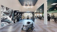 This expansive fitness center is thoughtfully designed to accommodate a wide range of workout styles and fitness goals. The main training floor impresses with soaring ceilings, dark tray ceiling accents, and a chevron-patterned carpet that adds a dynamic visual energy to the space. Large windows allow natural light to pour in, creating an open and motivating atmosphere. The functional training zone is outfitted with a heavy-duty multi-functional rig, TRX suspension trainers, a punching bag, battle ropes, and a large tire flip station, catering to high-intensity and functional fitness enthusiasts.

A dedicated strength and cardio area features cable machines, plate-loaded equipment, free weights, and a row of modern cardio machines with individual screens. Full-length mirrors line the walls, enhancing the sense of space. A standout rock climbing wall provides a unique vertical training element, while a separate accessories nook houses stability balls, resistance bands, and yoga mats.

The spin studio is a design highlight, featuring a vivid, large-scale watercolor mural in teal and green tones, herringbone wood-look flooring, floor-to-ceiling mirrors, and a lineup of smart stationary bikes — creating an immersive and energizing environment for cycling workouts.