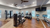This fitness center is a comprehensively outfitted single-floor facility designed to support a full range of workout routines. The space is defined by warm hardwood flooring, neutral gray walls, and elevated tray ceilings fitted with recessed lighting, creating a bright and polished environment. Ceiling fans are positioned throughout to maintain comfortable airflow during workouts.

The cardio zone is prominently featured, housing multiple True-brand treadmills equipped with individual display screens, alongside elliptical trainers and a stair climber. A bank of white-trimmed windows lines the walls, allowing generous natural light to fill the space while offering views of the surrounding exterior. Plantation-style blinds provide adjustable light control.

The strength training area includes a True multi-station cable machine, a dedicated leg press machine, and a boxing/reflex training station. A dumbbell rack stocked with a graduated set of free weights provides versatile options for resistance training. Full-length mirrors are mounted along one wall to maximize perceived space and support proper form during exercise.

A wall-mounted flat-screen television is positioned for visibility across the workout floor. The facility is accessed through a glass-paneled door, lending a clean, modern aesthetic to the overall design.