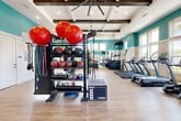 This expansive 1450 square foot fitness center is a testament to modern design and functionality. The space boasts a vaulted ceiling with exposed wooden beams, creating an open and airy atmosphere. Large windows line the walls, flooding the area with natural light and providing picturesque views of the surrounding landscape.

The gym is equipped with a comprehensive range of fitness apparatus, catering to diverse workout routines. A prominent multi-functional power rack takes center stage, complemented by an array of free weights and benches. Cardio enthusiasts are well-served with multiple treadmills, ellipticals, and stationary bikes strategically placed to maximize space utilization.

The room's aesthetic is enhanced by a vibrant teal and white color scheme, creating a fresh and invigorating environment. Light wood-look flooring adds warmth while ensuring durability for heavy equipment use. Recessed lighting and modern ceiling fans contribute to the overall comfort and ambiance of the space.

Additional amenities include wall-mounted TVs for entertainment, storage solutions for exercise accessories, and ample floor space for stretching or group activities. The thoughtful layout allows for easy navigation between different workout zones, promoting an efficient and enjoyable fitness experience.