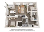 This 990-square-foot single-floor apartment offers a thoughtfully designed layout with 2 bedrooms, 2 bathrooms, and 2 closets. The open-concept kitchen and living area serves as the heart of the home, featuring warm wood-look luxury vinyl plank flooring throughout. The kitchen is equipped with white shaker-style cabinetry reaching to the ceiling, a white quartz-topped island with an undermount sink, stainless steel appliances including a refrigerator with ice maker and an electric range, white subway tile backsplash, and stylish globe pendant lighting. The living area benefits from dual windows that allow ample natural light to fill the space. Both bedrooms are carpeted and feature windows with exterior views. The primary bedroom measures 180 square feet and provides access to an en-suite bathroom equipped with a sliding glass-door walk-in shower featuring dark bronze hardware. The second bathroom is finished with matching light wood-look flooring, clean white walls, and matte black hardware accents. Throughout the unit, neutral beige tones, white trim, and consistent finishes create a cohesive, modern aesthetic well-suited for comfortable everyday living.