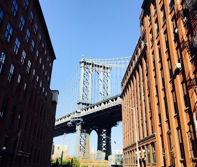 The Manhattan Bridge, framed by historic warehouses