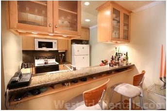 open kitchen with bar, plenty of storage, dishwasher, microwave - 4900 Overland Ave