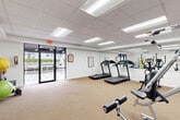 Located at 2903–2915 NW 60th Ave in Sunrise, Florida, this single-floor fitness center offers a well-equipped workout space designed to support a variety of exercise routines. The room features a drop-panel ceiling with recessed fluorescent lighting that keeps the space bright and functional throughout. Neutral-toned carpet covers the floor, providing a comfortable surface underfoot across the entire workout area.

The cardio section is prominently equipped with multiple treadmills and an elliptical trainer, arranged in a row along one side of the room. A full-wall mirror spans this area, enhancing the sense of openness and allowing users to monitor their form during workouts. On the opposite side, a multi-station cable and weight machine anchors the strength training area, accompanied by a stationary recumbent bike and a leg extension/curl bench.

A dedicated accessory corner houses stability balls, medicine balls, resistance tools, and a fitness information rack, offering additional variety for functional training. The space is finished with motivational artwork displayed on the white walls, adding an energetic ambiance. A glass double-door entry provides direct access to an outdoor area, allowing natural light to filter in and contributing to an open, airy feel. The overall layout is practical and efficiently organized for a comprehensive fitness experience.