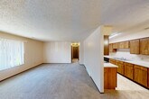 Located at 6265-6215 Normandy Dr in Saginaw, Michigan, this two-bedroom, one-bathroom single-floor unit offers a practical and well-organized layout. The open-concept living and dining area is carpeted throughout and features a textured ceiling, neutral walls, and a large window fitted with vertical blinds that allows natural light to fill the space. A half-wall partition separates this area from the kitchen, which includes warm wood-toned cabinetry, a built-in range with an overhead exhaust, a sink with adjacent counter space, and tile flooring. A hallway connects the main living area to the private quarters of the home. Both bedrooms are carpeted with neutral tones, feature windows with blinds offering outdoor views, and are served by a total of four closets with dark wood bi-fold doors for ample storage. The full bathroom includes a single-sink vanity with wood cabinetry, a medicine cabinet with mirror, a tub-shower combination, and tile flooring. Textured ceilings are consistent throughout the unit, and dark wood trim accents the doors and baseboards, adding a cohesive design element across all rooms.