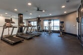 This two-story fitness center is designed with a contemporary aesthetic, combining functionality and style across its generous floor plan. The main level greets users with soaring double-height ceilings and expansive floor-to-ceiling windows that flood the space with natural light while offering outdoor views. Distinctive mosaic-patterned carpet in gray and teal tones adds a bold design element underfoot, complementing the dark structural columns and modern ceiling fans throughout.

The ground floor houses a comprehensive strength training zone equipped with cable machines, a squat rack, bench press stations, free weights, and kettlebells. A dedicated studio room on this level features mirrored walls, a large mounted television, a spin bike, and exercise balls, making it ideal for group or individual classes. A sleek reception-style console and stylish pendant lighting add refined touches near the entry.

A modern open-riser staircase with cable railings leads to the upper level, where a row of treadmills is positioned along the mezzanine overlooking the main floor. The upper level also includes elliptical trainers, stationary bikes, and a rowing machine, all benefiting from ample recessed lighting and continued natural light. The overall ambiance is clean, energetic, and well-appointed throughout.