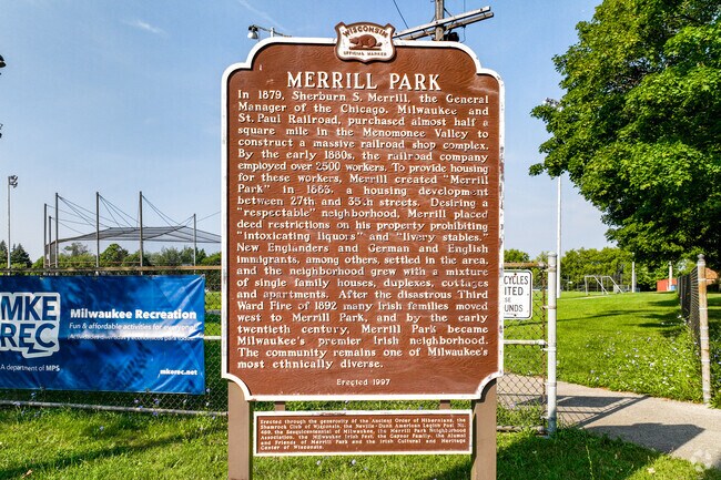 This historical marker notes Merrill Park's late-1800s origins and its ongoing diversity.