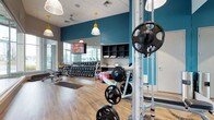 This single-floor fitness center is thoughtfully designed to support a wide range of workout routines. The space features bold teal accent walls paired with warm wood-style flooring, creating an energetic yet welcoming atmosphere. Stylish pendant lights with yellow accents hang from a drop ceiling, complementing the industrial-inspired overhead fixtures and providing bright, even illumination throughout. A large wall-mounted mirror expands the visual footprint of the room while allowing users to monitor their form during exercise. The strength training area is well-appointed, featuring a multi-functional barbell rack loaded with weight plates alongside a dedicated dumbbell rack stocked with a full range of free weights and colorful medicine balls. Additional workout accessories, including stability balls, are neatly organized within the space. Built-in open shelving along one wall provides convenient storage for towels and personal items. A wall-mounted flat-screen television adds an entertainment element for those looking to stay engaged during their workout. Natural light filters in through large windows, keeping the space bright and connected to the outside environment. Overall, the fitness center offers a clean, organized, and motivating environment suitable for both strength and functional training.