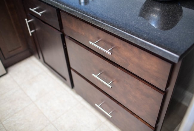 Modern Hardware, Espresso Kitchen Cabinets, Granite Countertops - Stonegate