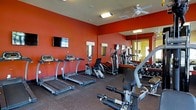 Located at 4110 Wake Hills Ln in Raleigh, North Carolina, this fitness center offers a dedicated, single-floor space designed to support a well-rounded workout routine. The room is finished with bold red accent walls that create an energetic atmosphere, complemented by a ceiling fan that helps maintain air circulation during exercise sessions. A large wall-mounted mirror spans one side of the room, visually expanding the space and allowing users to monitor their form. The cardio section is well-stocked with treadmills, a stationary bike, and elliptical machines, each equipped with individual display consoles. A wall-mounted flat-screen television adds entertainment for those logging longer cardio sessions. The free weight area features a rack of dumbbells, catering to strength training needs. Additional cable and resistance machines round out the equipment selection, providing options for a full-body workout. Recessed and overhead lighting ensures the space is well-lit throughout, while windows allow for some natural light. The flooring is durable and fitness-appropriate, designed to withstand heavy equipment and high-traffic use. Overall, this fitness center provides a functional and motivating environment for residents and users seeking convenient on-site exercise facilities.
