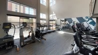 This contemporary fitness center is thoughtfully designed to inspire and support an active lifestyle. The space immediately impresses with its soaring double-height ceilings and an expansive wall of floor-to-ceiling windows that flood the interior with natural light and offer open views of the surrounding neighborhood, creating an inviting and energizing atmosphere.

A striking large-scale athletic mural anchors one wall, depicting dynamic figures in motion — a runner, a boxer, and a cyclist — rendered in a bold graphic style against a deep navy backdrop. This eye-catching feature adds a strong motivational energy to the space.

The fitness floor is generously appointed with a comprehensive selection of cardio equipment, including multiple treadmills, elliptical trainers, stationary bikes, and stair climbers from Life Fitness and other leading brands. A dedicated area near the mural wall houses additional cycling and cross-training machines, alongside colorful medicine balls and exercise accessories stored in an adjacent room.

A sleek open staircase with wood treads and polished steel cable railings adds an architectural element while connecting to an upper-level overlook. A water station is conveniently positioned at the base of the staircase. Full-length mirrors along one wall amplify the sense of space. The durable, textured carpet flooring throughout provides both comfort and function, completing a fitness environment that is as practical as it is visually compelling.