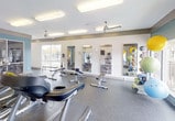 Located at 1521 Hickory Valley Rd in Chattanooga, TN, this fitness center is a thoughtfully designed, single-floor facility built to support a comprehensive workout experience. The space features durable rubber flooring throughout, providing both safety and comfort during exercise. Multiple ceiling fans are installed overhead, complementing the bright flush-mount lighting panels to maintain a comfortable environment during workouts.

The room is generously outfitted with a wide variety of equipment, including treadmills, elliptical trainers, stationary bikes, and weight benches. A dedicated dumbbell rack provides a full range of free weights, while a colorful exercise ball rack adds versatility for functional fitness routines. A wall-mounted flat-screen television is positioned for easy viewing from the cardio area.

Full-length mirrors line one wall, enhancing the sense of openness and allowing users to monitor their form. Large sliding glass doors and expansive windows flood the space with natural light and offer direct views of the outdoor patio area, which features seating and connects the fitness center to the broader property. A glass-walled room visible from the main floor appears to serve as an adjacent multipurpose or lounge area. The teal accent walls add a clean, modern aesthetic to the overall design.