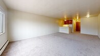 Located at 1033 N Downing Street in Denver's Capitol Hill neighborhood, this single-floor unit offers a practical and efficient layout. The spacious living area is finished with plush wall-to-wall carpeting and neutral cream-toned walls that create a bright, clean atmosphere. A wall-mounted air conditioning unit and baseboard heating ensure year-round comfort, while a window provides natural light and views of the surrounding neighborhood rooftops. The open layout connects seamlessly to a compact kitchen, which features rich wood-toned upper cabinetry, a white range, and a peninsula-style counter with open shelving below — ideal for both cooking and casual dining. A ceiling fan in the kitchen area adds to the functional design. The full bathroom is finished in clean white tones throughout, complete with a combination soaking tub and shower, chrome fixtures, and a built-in surround with integrated shelving. A dedicated closet provides convenient storage. The overall design is straightforward and practical, making this a well-suited space for those seeking comfortable, no-frills living in one of Denver's most walkable and vibrant urban neighborhoods.