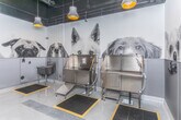 Located at 400 N Main St in Royal Oak, Michigan, this single-floor commercial pet grooming facility is designed with both functionality and personality in mind. The space is immediately defined by its bold, oversized black-and-white photographic murals of various dog breeds—from Labrador Retrievers and Pugs to Chihuahuas and Border Collies—that wrap continuously around the upper walls, creating a visually engaging and welcoming atmosphere for pet owners and their dogs alike.

The grooming area is equipped with multiple professional-grade stainless steel bathing tubs, each fitted with ramps for easy pet access, retractable tethers, and individual spray attachments. Anti-fatigue rubber mats with yellow safety borders are positioned at each station, prioritizing both comfort and safety for groomers. Floor-level drainage grates run along the length of the room, ensuring efficient water management during bathing sessions.

The walls feature gray wainscoting panels below the murals, providing a durable, moisture-resistant surface suited to the demands of a grooming environment. A dedicated utility sink offers additional washing and rinsing capabilities. Pendant lighting with warm-toned bulbs hangs from a matte black ceiling, providing focused illumination across the workspace. Large glass-panel doors connect the grooming area to adjacent rooms, maintaining an open, transparent flow throughout the facility.