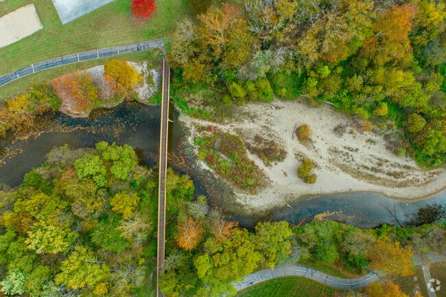 Looking down at the bridge over White Lick Creek in Hummel Park, Downtown Plainfield.