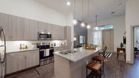 This single-floor residence offers a cohesive contemporary design highlighted by wood-style flooring, soaring ceilings, and a neutral color palette punctuated by bold accents. The open-concept kitchen serves as a central feature, showcasing flat-panel cabinetry in a warm gray finish, a full suite of stainless steel appliances, white subway tile backsplash, and an expansive granite-topped island with an undermount sink and bar seating. Globe pendant lights suspended above the island add a refined touch. The living area flows naturally from the kitchen, creating a connected, functional layout. The bedroom is distinguished by a deep navy accent wall, natural light from oversized windows with exterior greenery views, and a ceiling fan. The bathroom continues the design language with granite countertops, flat-panel cabinetry, an undermount sink, and direct access to a generously sized walk-in closet equipped with open shelving and hanging storage. Throughout, consistent use of wood-style flooring and clean white walls reinforces a modern, well-appointed aesthetic.