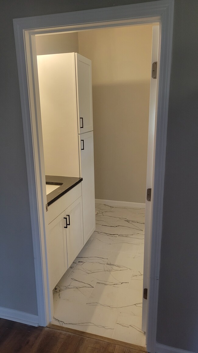 Master bathroom with linen cabinet - 203 Payne St