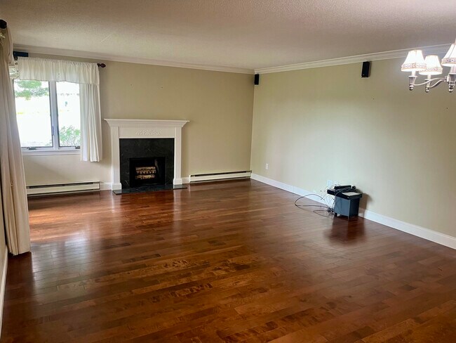 Sala de estar con chimenea y suelos de madera noble. - 77 Windward Ln