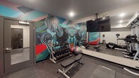 This fitness center at 2333 Jackson St NE in Minneapolis, MN offers a well-appointed workout environment designed to support a full range of exercise routines. The space is defined by its bold, colorful murals that energize the atmosphere — one wall features a striking graphic illustration of a weightlifter rendered in vivid teal, red, and geometric patterns, while an adjacent wall continues the dynamic color scheme with an abstract landscape-inspired design.

The cardio zone is equipped with a treadmill, elliptical trainer, and stationary bike, all positioned along a mirrored wall that enhances the sense of space and allows users to monitor their form during workouts. A wall-mounted television is also available for entertainment during cardio sessions.

The free weights area includes a full dumbbell rack with multiple weight increments, an adjustable workout bench, and stability balls, making it suitable for a variety of strength training exercises. Rubber flooring throughout the space provides both safety and durability.

Recessed lighting illuminates the facility evenly, and ventilation units are positioned throughout to maintain air circulation. A waste receptacle and sanitation station are conveniently accessible, supporting cleanliness and hygiene. The overall design balances functional fitness infrastructure with an artistically stimulating environment, making it an engaging space for daily workouts.