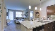 This single-floor residence showcases a thoughtfully designed open-concept layout that integrates the kitchen, dining, and living areas into one cohesive, flowing space. The kitchen serves as a focal point, highlighted by a large island with striking light-toned granite countertops and a stainless steel sink. Three stylish pendant lights hang above, providing both functional illumination and a modern aesthetic touch. Dark appliances offer a refined contrast to the bright countertops and light cabinetry.

The open layout transitions naturally into the living area, where hardwood-style flooring runs throughout, adding warmth and continuity. The living space is furnished with a comfortable sectional sofa and complementary seating, accented by decorative throw pillows in muted tones. Soft green area rugs define the seating zone, while decorative plants and wall art contribute to an inviting atmosphere.

Large windows along the exterior walls allow generous natural light to fill the space, illuminating the cool gray-blue accent walls. A secondary room, visible in the background, appears to function as a bedroom or flex space, also benefiting from natural light. The overall ambiance is contemporary, clean, and well-appointed.