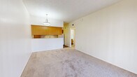 Located at 555 E Limberlost Dr in Tucson, Arizona, this one-bedroom, one-bathroom unit offers a functional and efficient single-floor layout. The combined living and kitchen area forms the heart of the home, with soft carpeting underfoot and a modern drum pendant light that anchors the space. A sliding glass door with vertical blinds provides direct access to a private patio, allowing natural light to flow in. The kitchen is designed in a galley style, featuring warm wood cabinetry, light stone-patterned countertops, and durable wood-look flooring. Appliances include an electric range and dishwasher, with ample upper and lower cabinet storage lining both sides of the kitchen. A pass-through counter visually connects the kitchen to the living area. The bedroom is a comfortable retreat with plush carpeting, a bright window with views of the surrounding landscape, and direct access to both the bathroom and a dedicated closet. The bathroom is well-appointed with a full tub-shower combo, a wood-vanity with a stone-top, and wood-look flooring that complements the rest of the home. Textured ceilings throughout add a classic touch to this clean, move-in-ready Tucson residence.