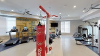 This fitness center offers a comprehensive and energizing environment for exercise enthusiasts of all levels. The space is anchored by a striking yellow motivational mural that covers an entire wall, displaying fitness-themed words and phrases that set an inspiring tone throughout the room. Recessed lighting and ceiling fans maintain a bright and comfortable atmosphere, while large windows along one wall allow natural light to fill the space.

The facility is outfitted with a diverse range of equipment to support varied workout routines. A prominent red boxing station with a heavy punching bag serves as a central feature, ideal for high-intensity training. Cardio equipment includes treadmills and recumbent bikes, positioned to allow ample space between machines. A wall-mounted flat-screen television provides entertainment during workouts.

The flooring is light-toned and easy to maintain, complementing the clean, modern aesthetic of the room. The layout is thoughtfully arranged to maximize usable floor space while ensuring comfortable movement between stations. Overall, this fitness center combines functional equipment, motivating design elements, and a well-organized layout to create an inviting space for daily exercise and wellness routines.