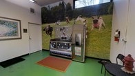 This single-level self-serve dog wash facility is designed with both functionality and a welcoming atmosphere for pets and their owners. The centerpiece of the space is a stainless steel dog wash unit, clearly labeled and equipped with built-in grooming tools, including brushes and wash accessories. An adjacent dispenser unit provides a selection of grooming products, with color-coded options and posted instructions to guide users through the washing process with ease.

The room features vibrant, floor-to-ceiling wall murals depicting dogs of various breeds playing outdoors on a grassy field, creating a lively and pet-friendly ambiance. The bright green epoxy-style flooring is both visually engaging and practical, offering easy cleanup after use. An orange anti-fatigue rubber mat is positioned in front of the wash station, providing comfort and slip resistance during use.

Natural light filters in through a window positioned near the top of the wall, adding brightness to the space. The overall layout is compact yet efficiently organized, ensuring users have everything needed for a thorough and convenient pet grooming experience.