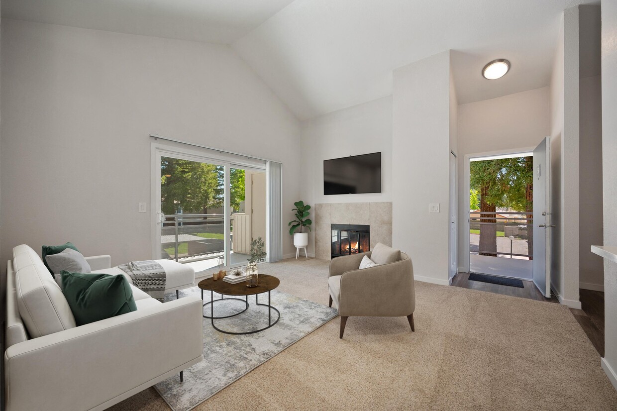 Living room with fireplace - Rush River Apartments