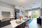 Located in Houston's desirable Heights area, this thoughtfully designed one-bedroom, two-bathroom residence offers a modern open-concept layout with light wood-style flooring and a neutral palette throughout. The kitchen is a standout feature, equipped with stainless steel appliances, two-tone cabinetry, a herringbone tile backsplash, and a generous island with quartz countertops and bar seating — ideal for both cooking and casual dining. Pendant and track lighting add a contemporary touch overhead. The kitchen flows seamlessly into the living area, which is bathed in natural light from sliding glass doors that open onto a private patio with outdoor views. The bedroom is a comfortable retreat featuring plush carpet, large windows with ample natural light, a ceiling fan, and direct access to one of the two full bathrooms. An expansive walk-in closet with built-in shelving and multiple hanging rods provides exceptional storage. A dedicated laundry area adds everyday convenience. With two full bathrooms, four closets, and a well-proportioned floor plan, this residence combines efficient use of space with upscale finishes, making it a polished and functional home.