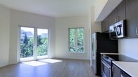 This well-designed single-floor residence offers a clean, contemporary aesthetic throughout. The open-concept living and kitchen area is flooded with natural light, courtesy of large windows and a glass-paneled balcony door that frame picturesque views of mature, lush greenery. The light-toned hardwood-style flooring runs seamlessly across the space, enhancing the airy and cohesive feel of the interior.

The kitchen is positioned along one wall and features stainless steel appliances, including a refrigerator and range, complemented by dark upper cabinetry that adds a striking contrast to the bright, neutral walls. The open layout allows the kitchen to flow naturally into the living area, making the space feel expansive and well-connected.

The living area benefits from a dual-window arrangement — a wide balcony door that opens to a private outdoor space with a metal railing, and a centered casement window that draws in additional daylight. The balcony overlooks a verdant, tree-lined setting, offering a refreshing sense of nature within an urban environment.

The overall ambiance is light, modern, and inviting, with a neutral color palette of whites and soft grays that creates a versatile backdrop. Clean lines, contemporary finishes, and an abundance of natural light define this thoughtfully laid-out space.