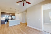 Located at 101 Crawford St in Houston's vibrant midtown area, this one-bedroom, one-bathroom residence offers a well-designed open-concept layout finished with light wood-style flooring throughout the main living areas and plush carpet in the bedroom. The kitchen is a standout feature, equipped with stainless steel appliances, rich dark-toned cabinetry, a herringbone tile backsplash, and a spacious white quartz island with an undermount sink, illuminated by stylish pendant lighting. The kitchen flows seamlessly into the combined dining and living area, which is brightened by natural light streaming through French doors that lead to a balcony, complemented by a ceiling fan overhead. The bedroom offers impressive city skyline views of downtown Houston through large windows, plush carpeting, and direct access to the bathroom. The bathroom is conveniently positioned adjacent to the bedroom. Exceptional storage is provided by five closets throughout the unit, including a generously sized walk-in closet with built-in shelving and hanging rods. The neutral warm-gray color palette, clean white trim, and consistent finishes throughout give the space a cohesive, modern aesthetic well-suited for urban living.