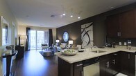 This single-floor residence showcases a thoughtfully designed open-concept layout that seamlessly connects the kitchen, dining, and living areas into one cohesive, flowing space. The kitchen is appointed with rich dark cabinetry, granite countertops, a undermount sink, and a breakfast bar island — ideal for casual dining or entertaining. Track lighting overhead highlights the clean, modern aesthetic throughout.

The living area is anchored by a striking dark feature wall adorned with contemporary artwork, creating a bold focal point that contrasts beautifully with the lighter furnishings. Warm hardwood flooring runs throughout, adding depth and continuity to the space. Large sliding glass doors at the far end of the living room flood the interior with natural light and provide direct access to an outdoor balcony, offering views of the surrounding area.

The dining space bridges the kitchen and living room, completing the open-plan arrangement. The overall ambiance is sophisticated and contemporary, combining dark tones with soft lighting to create a warm yet upscale atmosphere. Every detail — from the decorative mirrors to the curated art pieces — contributes to a polished, design-forward environment that is both functional and visually striking.