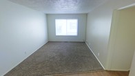 This single-floor space presents a straightforward, functional layout anchored by a generously sized main room. The room features wall-to-wall carpeting in a neutral beige-brown tone, providing a warm foundation underfoot, while the transition to hard flooring is visible along the room's edge, suggesting a natural boundary between spaces. The walls are finished in a soft, light green-grey hue, contributing to a calm and understated atmosphere throughout.

A centrally positioned sliding window serves as the room's primary source of natural light, brightening the interior and offering a view to the exterior. White horizontal blinds provide privacy control. The textured popcorn ceiling adds a classic residential character to the space. Crisp white baseboards frame the perimeter of the room, contrasting cleanly against the neutral wall tones.

A floor vent is visible near the window, indicating a forced-air climate system, and electrical outlets are conveniently positioned along the walls. The room is currently vacant, allowing prospective occupants to clearly assess the space and envision their own furnishings and layout within this clean, blank-canvas interior.