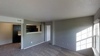 This single-floor space presents a straightforward and functional layout designed for comfortable everyday living. The living area is finished with wall-to-wall carpet in a neutral tone, complementing the cool grey walls that lend the space a clean, understated aesthetic. A textured ceiling adds subtle depth overhead, while ample natural light filters in, brightening the interior.

A standout architectural feature is the pass-through window that connects the living area to the kitchen, creating a sense of openness between the two spaces. Through the pass-through, black appliances and dark countertops are visible, offering a contrast to the lighter tones of the living area. This design element enhances the flow and connectivity of the layout without fully opening the two rooms to one another.

A white paneled door provides access to an adjacent room or hallway, contributing to the clean, minimal character of the interior. Electrical outlets are conveniently placed along the baseboards throughout the space. The overall ambiance is calm and neutral, providing a versatile backdrop that can be easily personalized. The layout is efficient and well-organized, making practical use of the available space across the single floor.