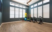 This fitness studio is designed to support a wide range of workout routines within a single, open-plan space. The room is finished with smooth, light wood-look flooring that provides a clean and durable surface suitable for both equipment use and open floor exercises. The walls are painted in a deep teal tone, lending the space an energetic yet focused ambiance.

A row of spin bikes is positioned along one wall, facing tall windows dressed with horizontal blinds that allow natural light to filter in while maintaining privacy. The high placement of the windows enhances the sense of vertical space within the room. A large wall-mounted mirror spans one side of the studio, reflecting the room and making the space feel more expansive while allowing users to monitor their form.

A well-organized equipment rack holds an assortment of resistance bands, medicine balls, and foam rollers in various sizes and colors. Additional fitness accessories, including dumbbells and exercise balls, are neatly arranged nearby. A large flat-screen television is mounted on one wall, ideal for streaming guided workout classes. Track lighting overhead ensures the room is evenly and well-lit throughout.
