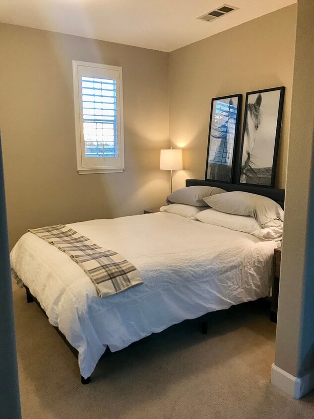 View into the bedroom from the living room. The horse artwork evokes the roots of the development, which is situated on a former horse ranch. You can still see the horses grazing during your walk around the neighborhood. - 248 Buttercup Ct