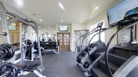 This fitness center offers a thoroughly equipped workout environment designed to support a wide range of exercise routines. The space is laid out on a single level with a clean, open floor plan that allows for comfortable movement between stations. Durable rubber flooring covers the entire area, providing both safety and support for high-impact activity.

One wall is lined floor-to-ceiling with mirrors, visually expanding the room and allowing users to monitor their form during exercises. Recessed lighting throughout the ceiling ensures the space is bright and well-illuminated, complemented by natural light filtering in through windows along one side.

The cardio section features prominent machines, including a StairMaster stepmill, offering challenging lower-body and cardiovascular conditioning. The strength training area is equally impressive, with a full cable and pulley system, a well-stocked dumbbell rack, and multiple benches and weight stations to accommodate a variety of lifting routines.

A wall-mounted flat-screen television is positioned for visibility from multiple points in the room, adding an entertainment element during workouts. A set of elegant wood-framed double doors serves as the main entry, lending a refined architectural touch to an otherwise highly functional space. Overall, this fitness center strikes a balance between practicality and polished design.