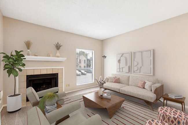 Carpeted living room with fireplace - Canyon Creek