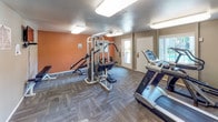 This single-level fitness room offers a practical and functional space for exercise, outfitted with a varied selection of equipment to accommodate both cardiovascular and strength training needs. The room features durable, low-pile carpet tile flooring in a neutral gray tone, providing a sturdy surface suited for active use.

Cardio equipment includes a treadmill, elliptical trainer, and recumbent bike, all positioned to allow comfortable use without crowding. A multi-station cable weight machine serves as the room's centerpiece for strength training, complemented by a flat workout bench. A large wall mirror enhances the sense of space while allowing users to monitor their form during exercise.

The room is illuminated by flush-mounted rectangular ceiling light panels that provide even, bright lighting throughout. Walls are painted in a warm terracotta-orange accent tone on one side, with neutral gray-beige on the remaining walls, creating a motivating yet understated atmosphere. A vending machine is visible in one corner, adding convenience. Entry doors with glass panels allow natural light to filter in from outside, offering views of the surrounding exterior. An HVAC wall unit ensures climate control within the space.